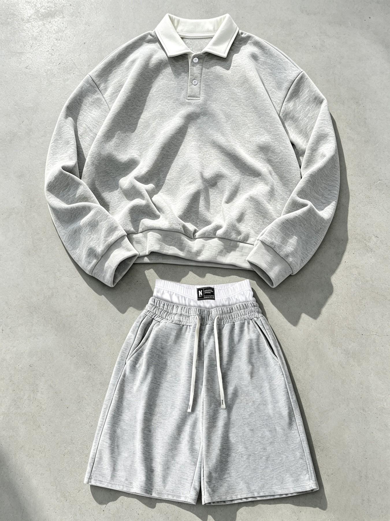 Unisex Korean Style Loose College Wind Polo Neck Top & Dual-Layer Waist Shorts Set, Comfortable Knitwear for Daily Outdoor Wear