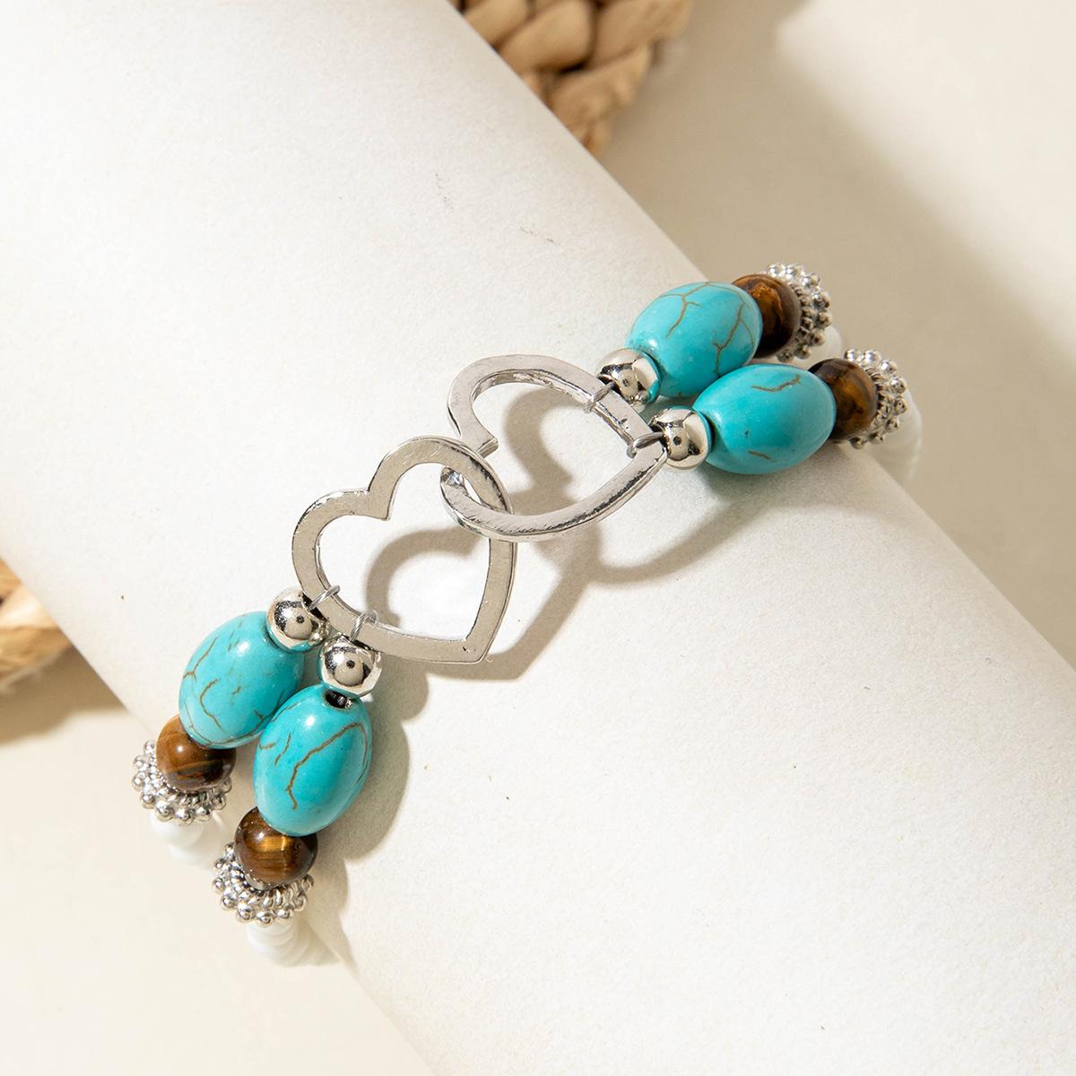 Boho Vacation Style Beaded Turquoise Jewelry Set, Metal Heart Jewelry, Elegant Accessories for Women, Perfect Gift Idea