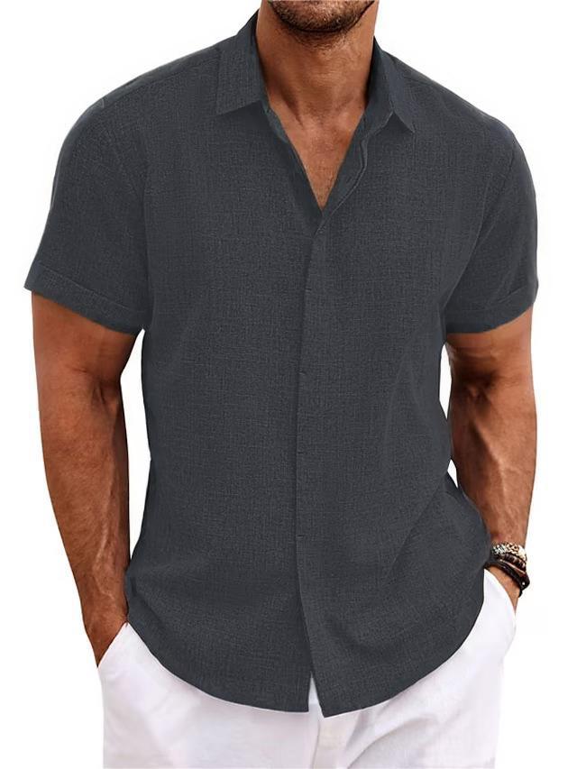 Men's Plain Linen-Polyester Short-Sleeve Button-Down Shirts - Loose-Fitting, Collared Neck, Lightweight, Breathable, Skin Friendly, Street Casual Tops for Daily, Semi-Formal Menswear