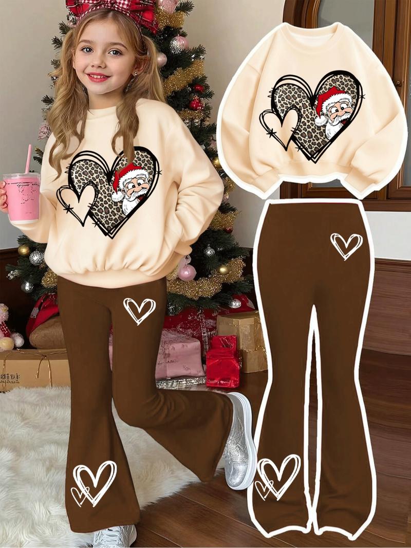 Girls' Christmas Leopard Heart Santa Print Sweatshirt & Casual Bell Bottoms Set, Fitted Style, Fall&winter Fashion, Fashion Clothes Set
