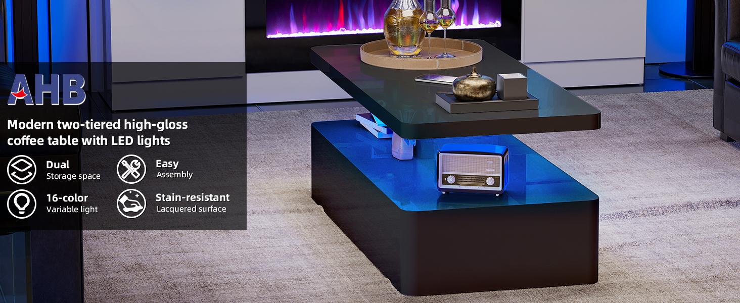 Contemporary Coffee Tables for Living Room, LED Coffee Table with Rounded Corner in 16 Colors, High Gloss 2 Tiers Table with Hidden Power Supply