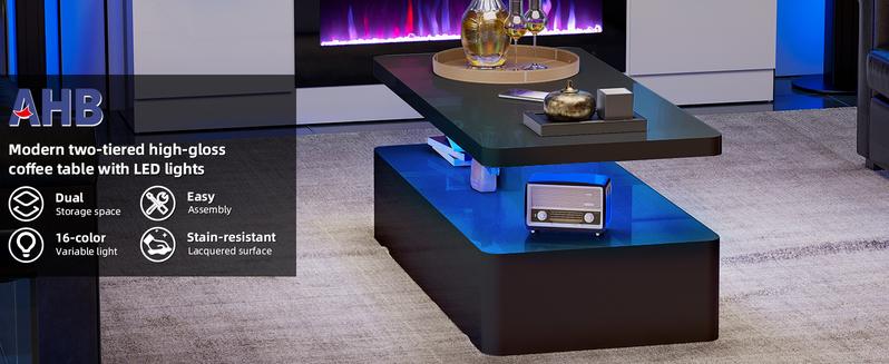 AHB Contemporary Coffee Table with Rounded Corners LED Lighting High Gloss 2 Tiers in 16 Colors Modern Living Room Furniture