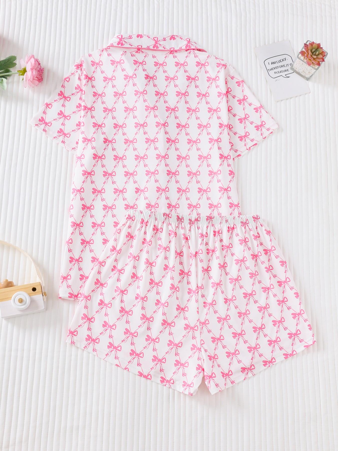 Women's Two-Piece Sleepwear Set, Bow Full-Print Design, Soft & Smooth Fabric, Casual Fitted Style, All Season Comfortable Wear