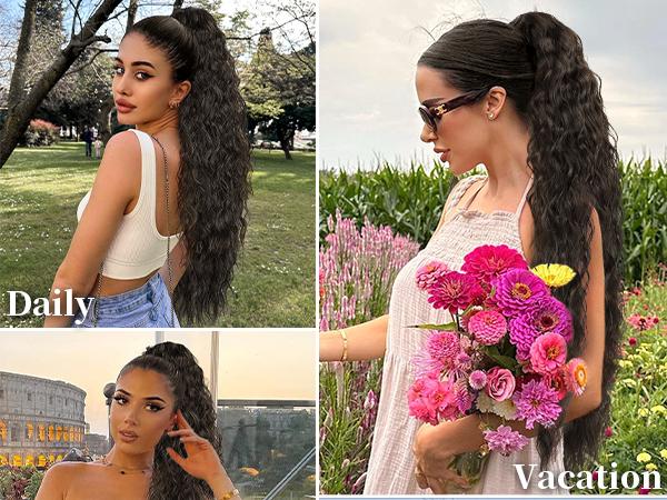 ORSUNCER Ponytail Extension 30 Inch Drawstring Pony Tails Hair Extensions for Women Long Curly Brunette Brown Ponytail Synthetic Hairpieces for Daily Use