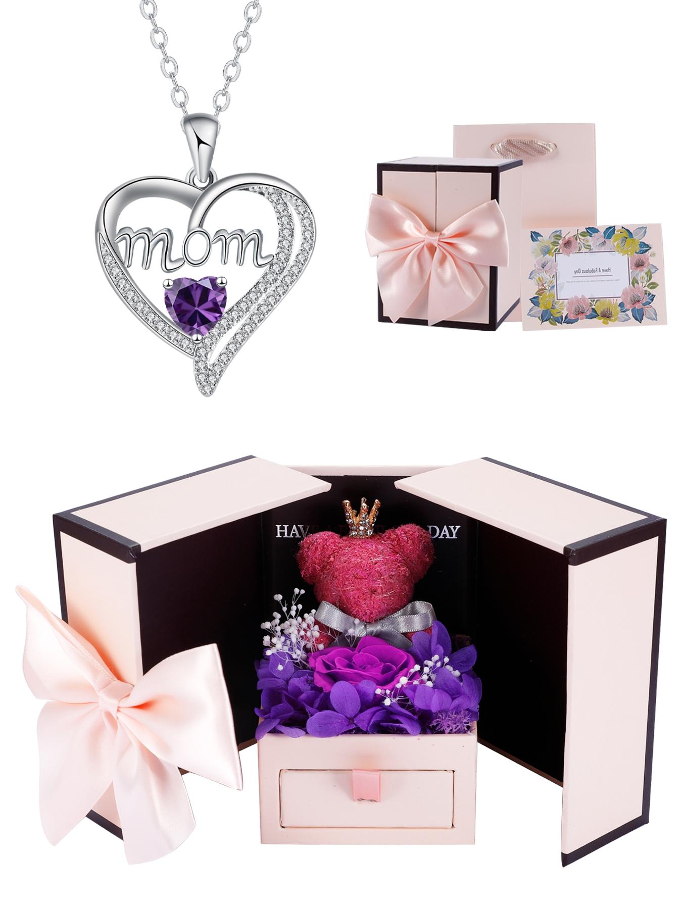 Apple Shape Rose Jewelry Gift Box With Love Heart Mom Pendant Necklace, Anniversary Birthday Jewelry First Mom Gifts for Women Wife, Mother's Day Jewelry Gift for Mom Heart Design Necklace