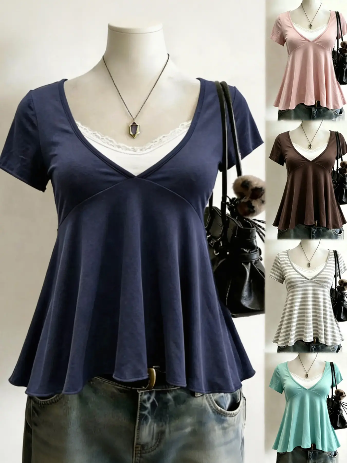 Summer Lace Patchwork V-Neck Short Sleeve T-Shirt, Y2K Style Tween Casual Daily Wear, Fake Two-Piece Top, Trendy Fashion for Women,Vacation Beach Back To School,Navy Blue Babydoll Tee