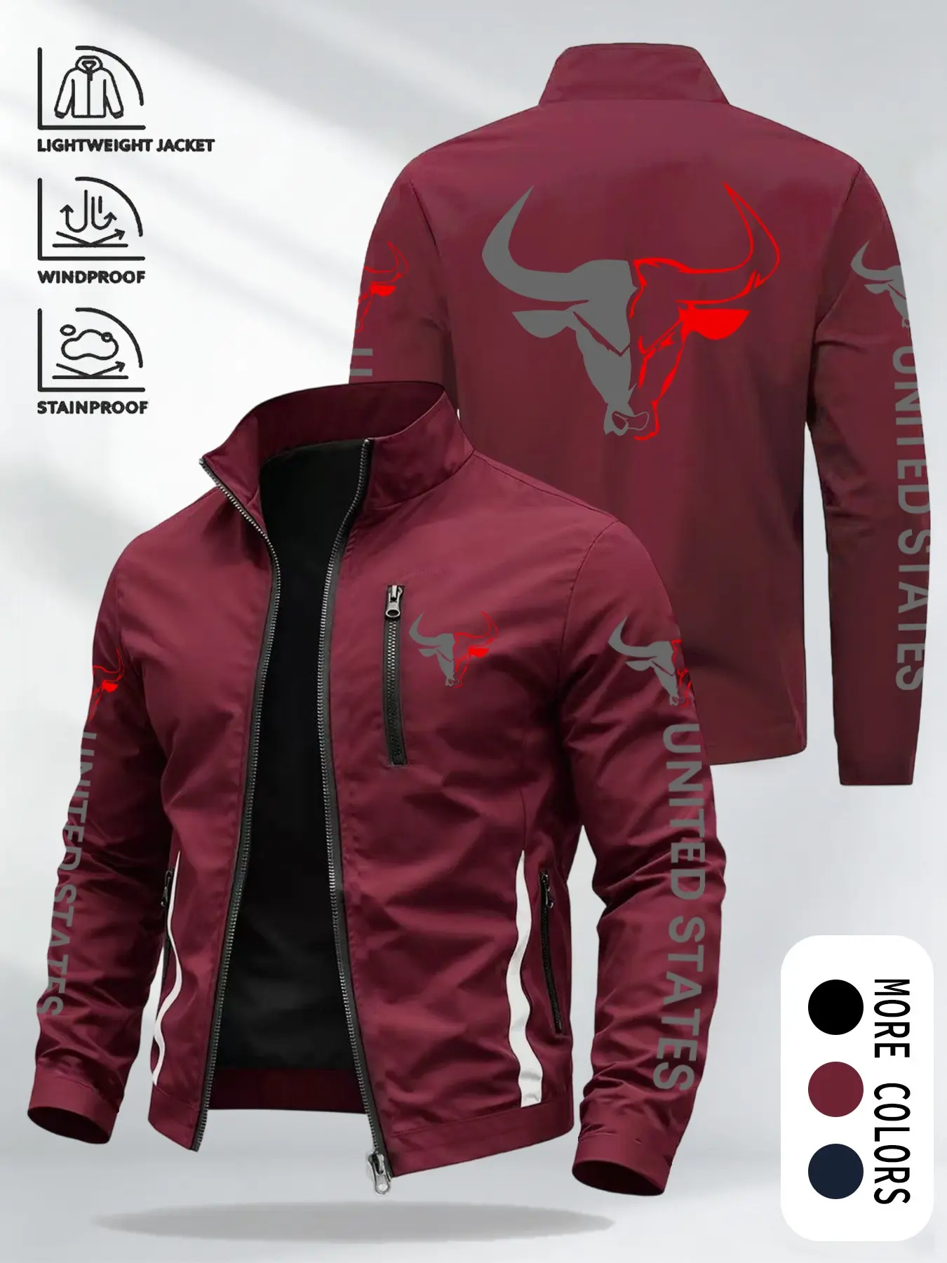 Men's Waterproof Outdoor Jacket, Bull Print Graphic Design, Zipper Closure, Casual Loose-Fit Outerwear for Daily Wear & Adventures
