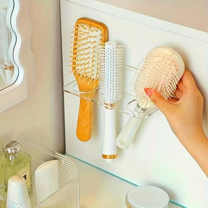 1pc 2-Hole/3-Hole Acrylic Transparent Bathroom Storage Shelf, Wall-Mounted Daily Use Hair Dryer Shelf, No-Drill Dresser Storage Shelf, Suitable for Placing Combs And Toiletries, Applicable to Bathroom Dresser Comb And Brush Storage