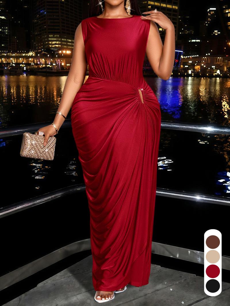 Elegant Casual Women's Plain Ruffle Dress, High Waist Fitted Sleeveless, Perfect for Evening Parties and Dates, All Seasons Fashion