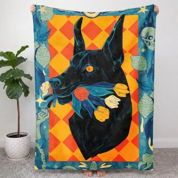 Vintage Gothic Doberman Tarot Card Flannel Blanket - Mystical Black Dog Flower Bouquet Design, Cozy Soft Throw, Dark Academia Room Decor fall bedding