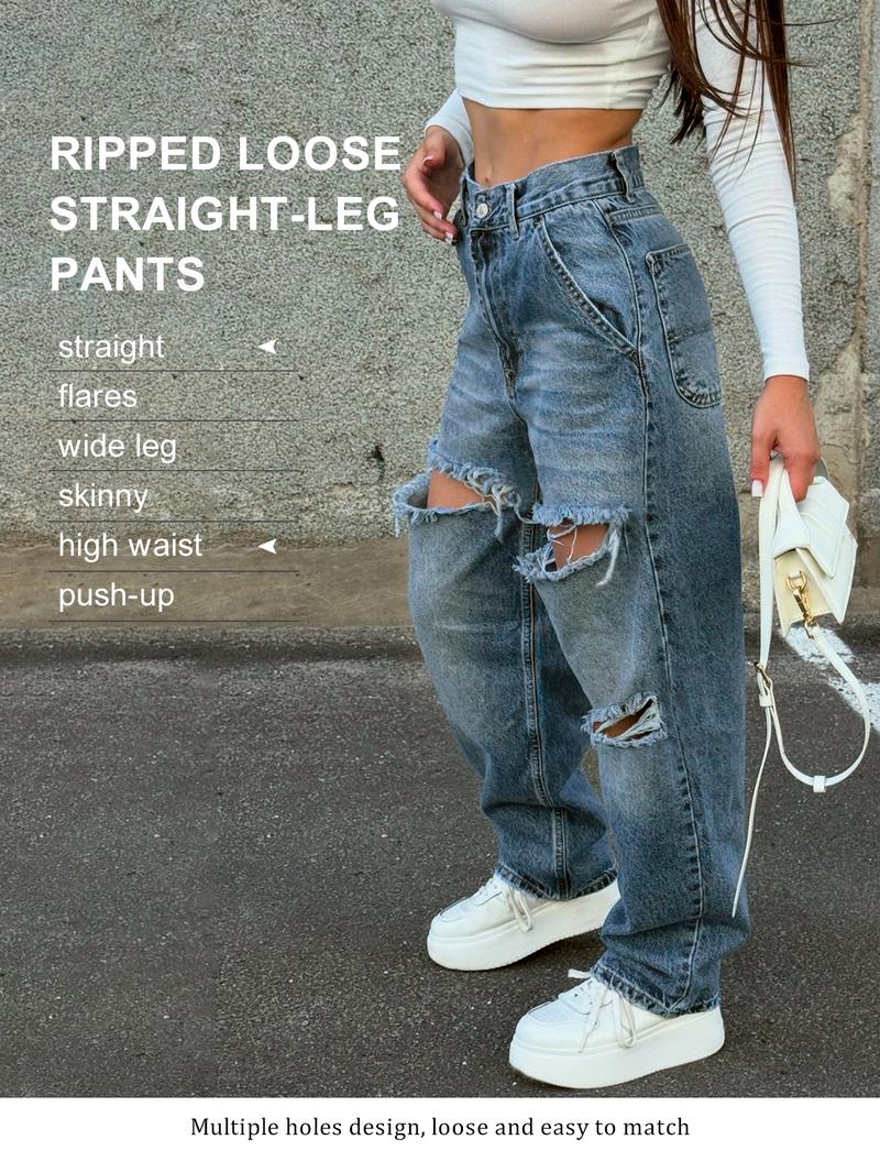 Women's Ripped Denim Jeans, Y2K Casual Fashion Pants for Daily Wear, Ladies Bottoms for All Seasons, Denim Trouser