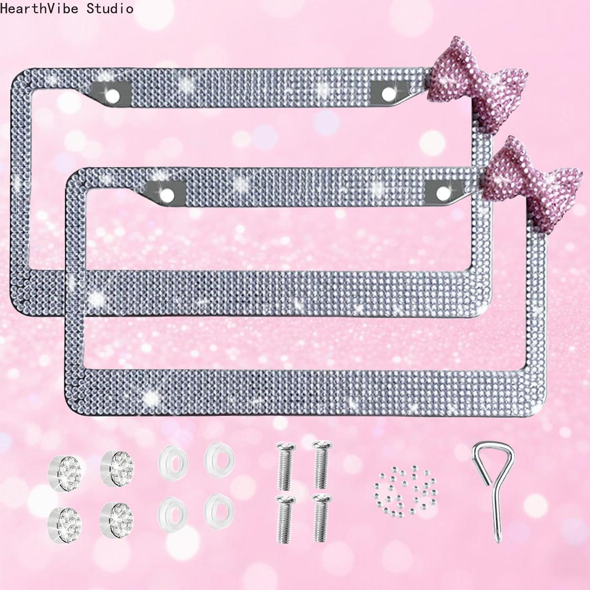 License Plate Frame for Women, Bling Pink Rhinestone Bowknot, Sparkly Stainless Steel Car Accessory, Universal US Standard, Accessories For Women, Girly Car Accessories, Cute Car Accessories