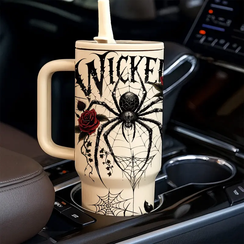 1‑Piece 40oz Insulated Mug, Double Wall Leak‑Proof Large Handle Thermal Cup, Keeps Hot 12 Hours and Cold 24 Hours, Dark Gothic Print Gift for Women and Men, Halloween Holiday, Office Travel Daily Use, Drinkware