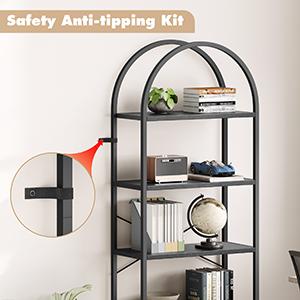 Bookshelf 5 Tier Bookcase Arched Display Racks Tall Standing Bookshelves Metal Frame Open Storage Rack Shelf Large Black Book Shelf for Bedroom, Living Room, Home Office