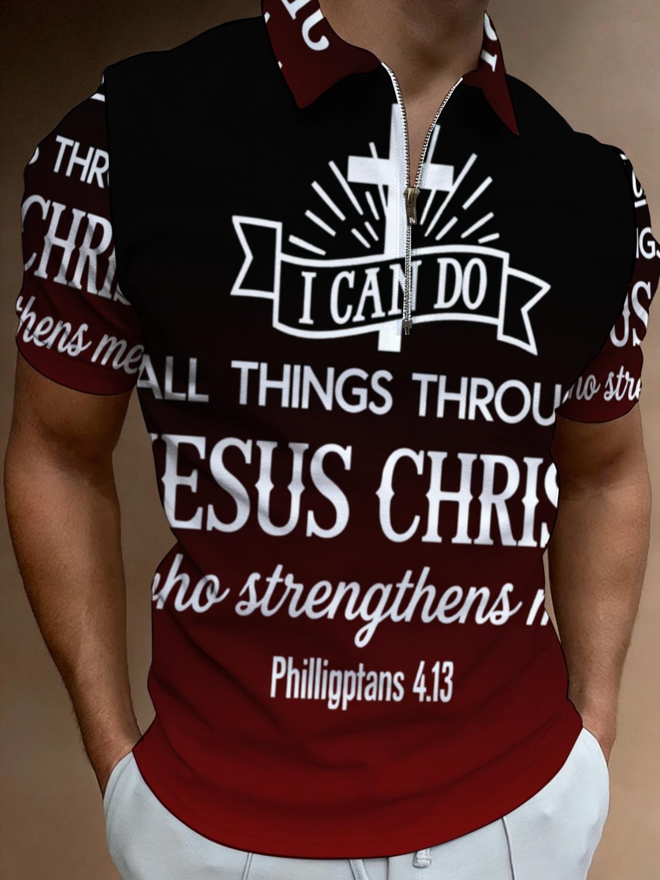 Men's Religious Theme Short Sleeve Polo Shirt with Faith Inspirational Print, Christian Bible Verse Color Block Design, Summer Trendy Men's Wear