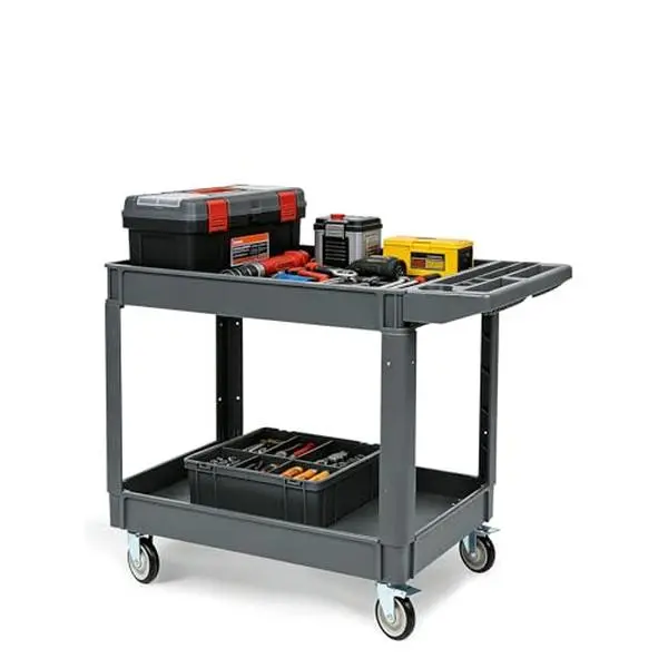 GARVEE 2 Shelf Utility Service Cart,Heavy Duty Plastic Rolling Utility Cart with 360° Swivel Wheels (2 with Brakes),550LBS, Large Lipped Shelf, Ergonomic Storage Handle for Warehouse/Garage/Cleaning,Grey
