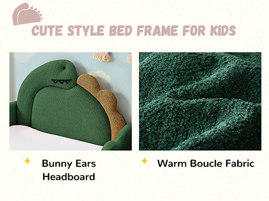 Twin Size Dinosaur-Shaped Upholstered Bouclé Floor Bed Frame, 3D Dinosaur-Shaped Headboard Platform Bed with Padded Raised Guardrails, Solid Wood Slats, Reinforced Metal Frame, Space-Saving for Small Bedrooms, Apartments