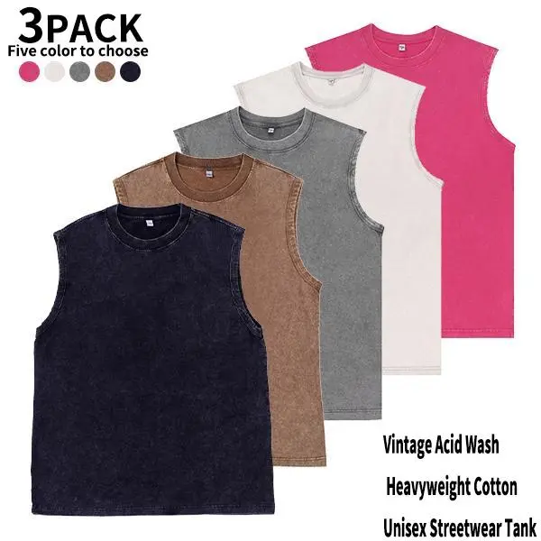 3-Pack Vintage Acid Wash Tank Tops, Heavyweight Cotton Unisex Sleeveless Shirts, Loose Fit Streetwear Summer Casual Layering Tanks