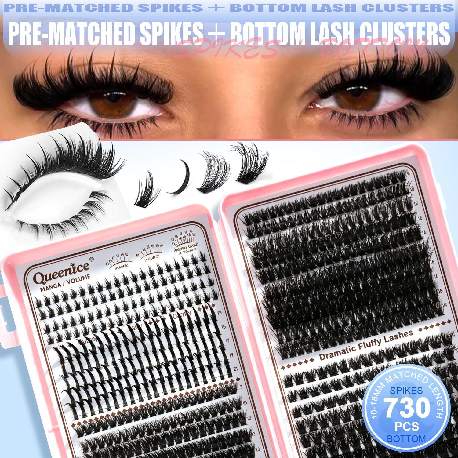 Queenice Lash Clusters Kit, Eyelash Extensions Set, 80D 100D 120D Spikes, D Curvature, Lash Bond, Eyelash Glue Tweezers, Brush, DIY at Home