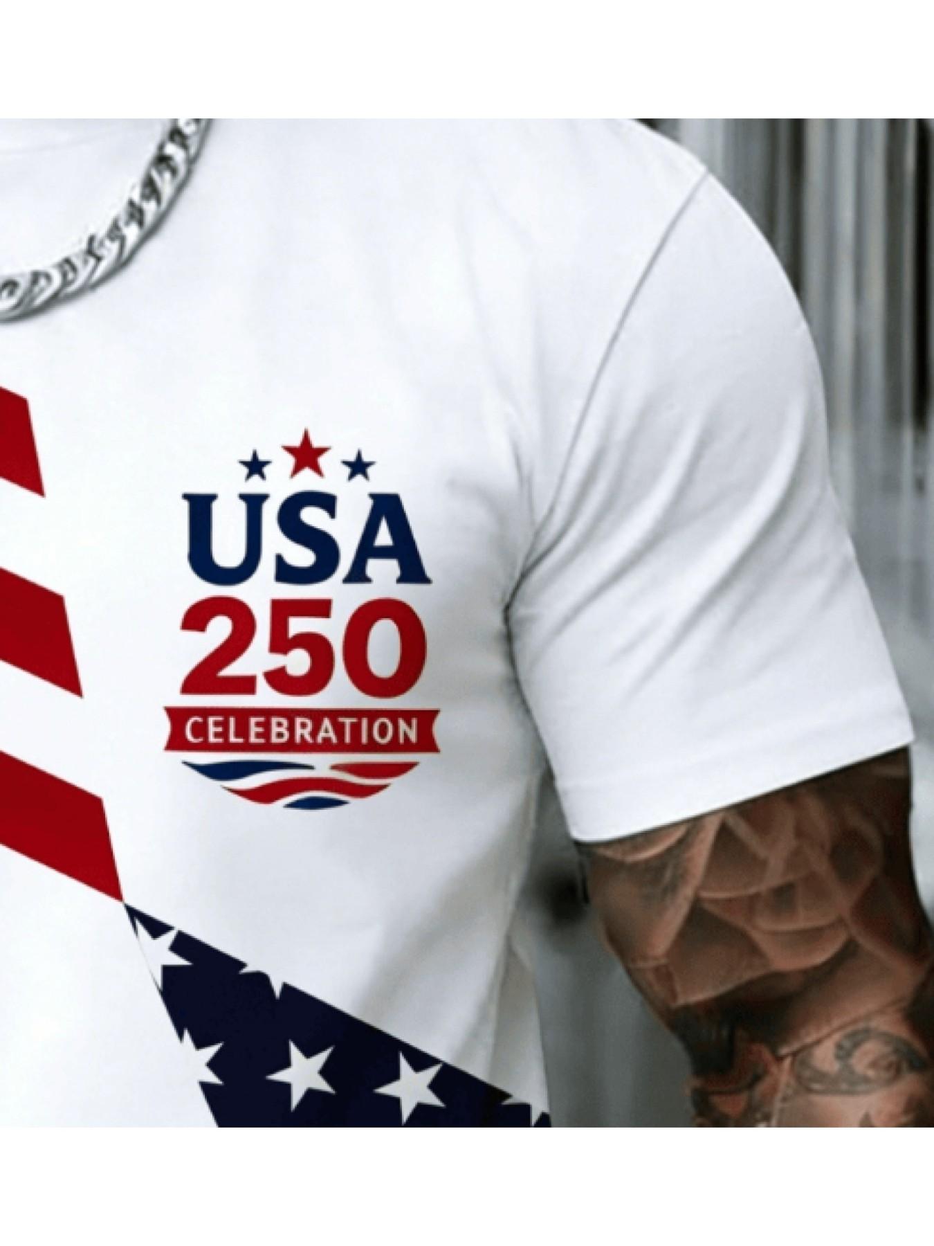 Men's Round Neck Short Sleeve T-Shirt, Usa 250th Anniversary Liberty Statue Flag City Building Graphic Print, Soft Breathable Summer Casual Tee