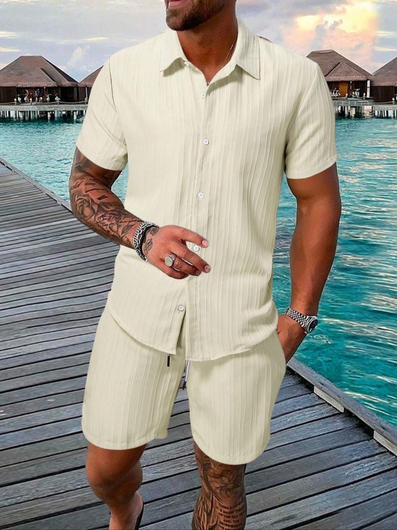 Two-Piece Set Men's Regular Fit Solid Textured Short Sleeve Shirt & Shorts, Casual Summer Set for Men, Mens Clothes for Beach Vacation