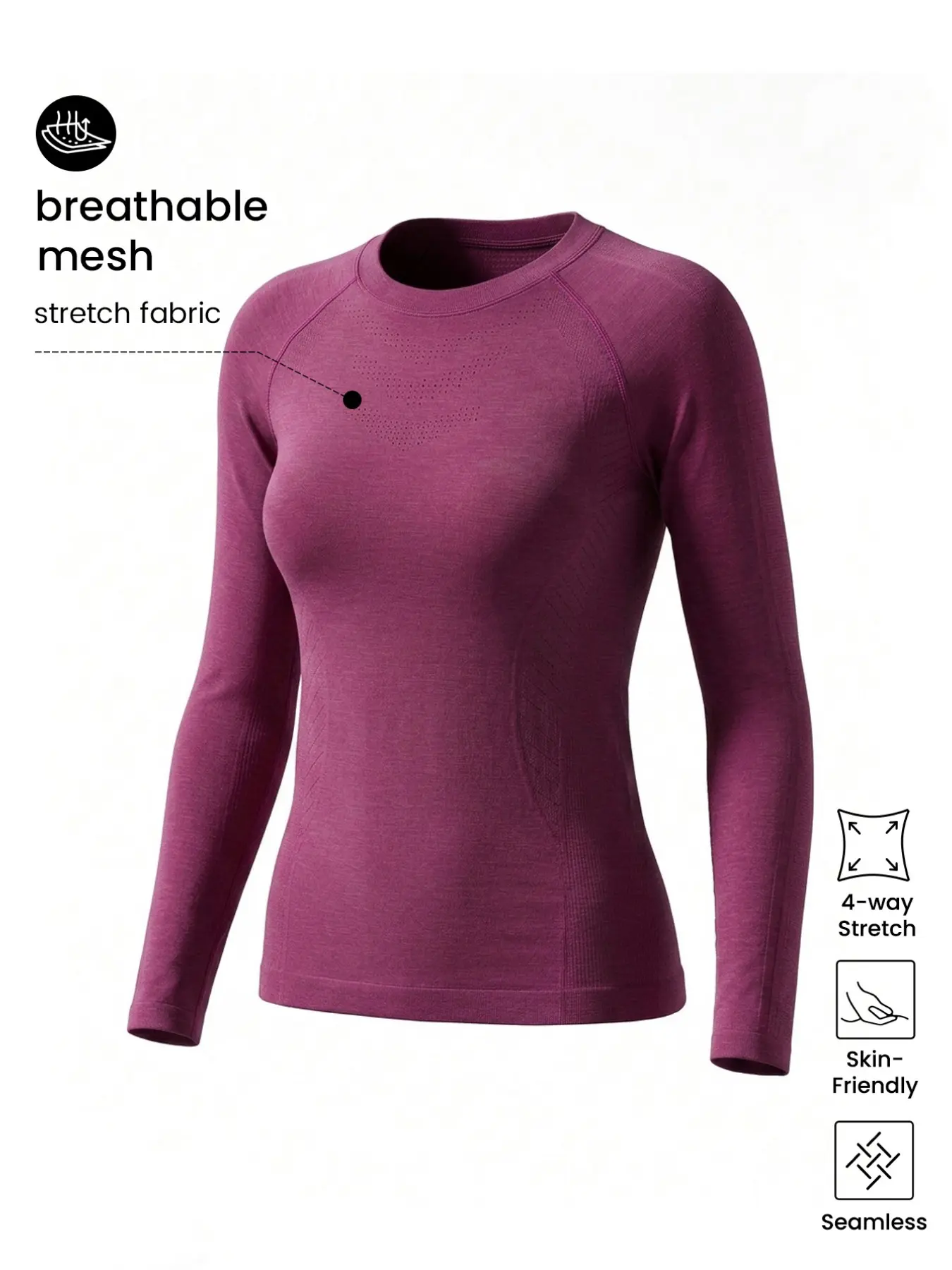 Women's Merino Wool Seamless Yoga Top, Long Sleeve Round Neck, Warm Thumbhole Design, Slim Fit Workout Shirt, Outdoor Running Apparel