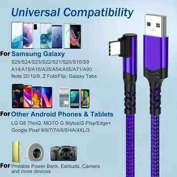 Fast Charging Type-C Data Cable, Right Angle USB to USB-C Design, Compatible with Samsung Huawei Xiaomi Redmi Oppo Oneplus Cellphone Smartphones