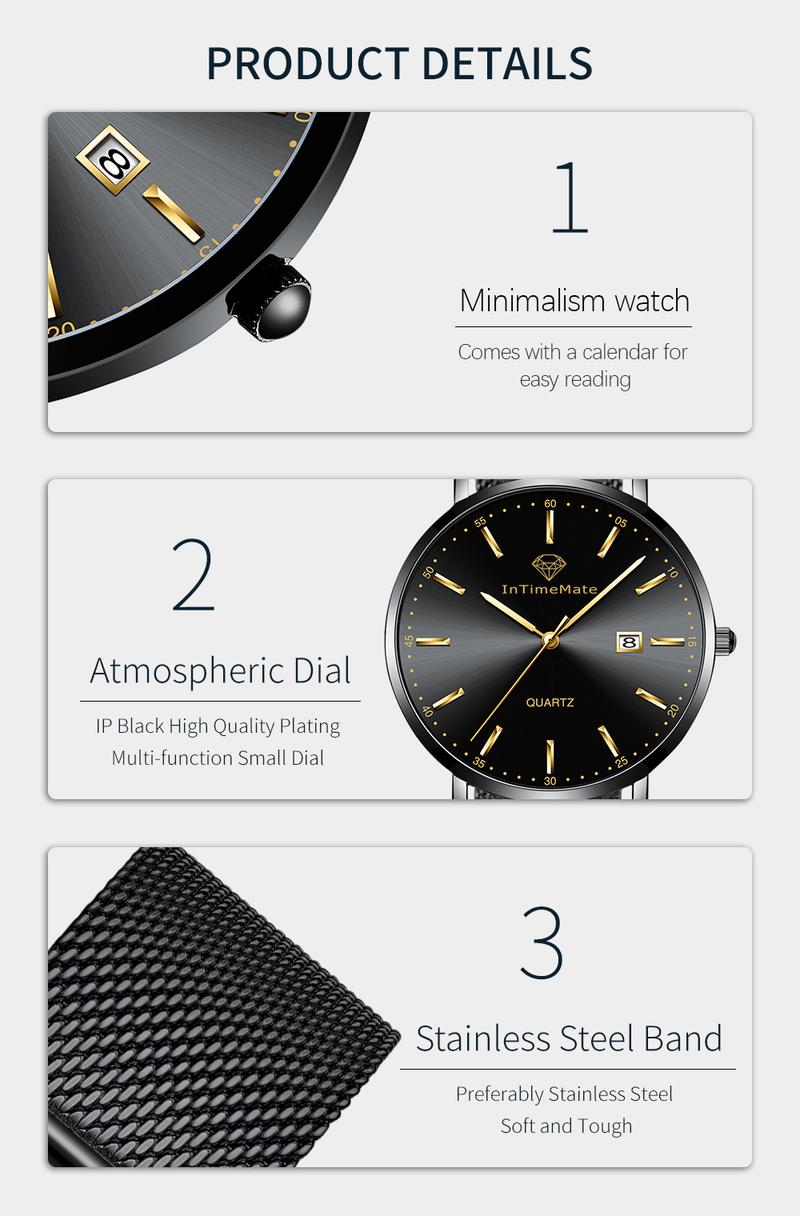 INTIMEMATE Ultra-thin Men's Watch; Stainless Steel Men's Watch; Casual Men's Watch; Business Formal Men's Watch; Lumcent Watch; Waterproof Men's Watch Black Dial