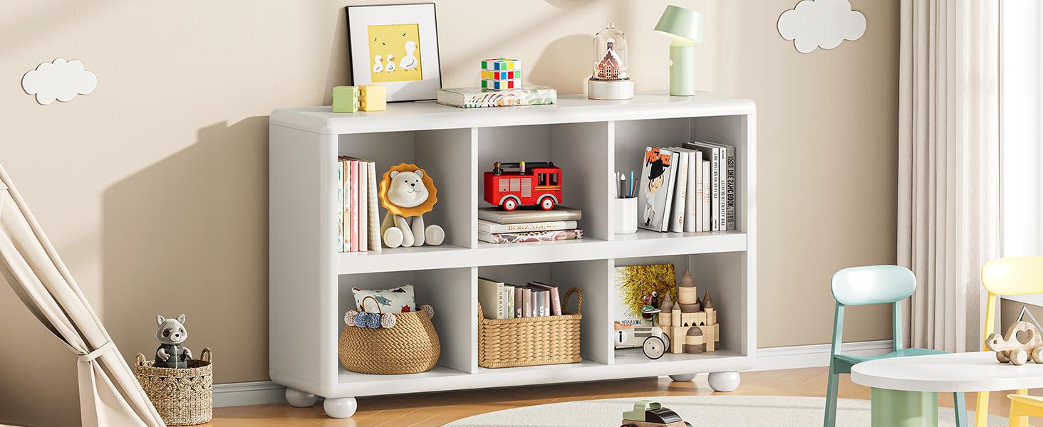 ONBRILL Wooden Bookcase with 6 Cube Storage, Kids Bookshelf with Sphere Foot, Sturdy Toy Storage Organizer, Safe Rounded Corners Bookcase for Living Room, Playroom, Nursery【BlackFridayDeal】