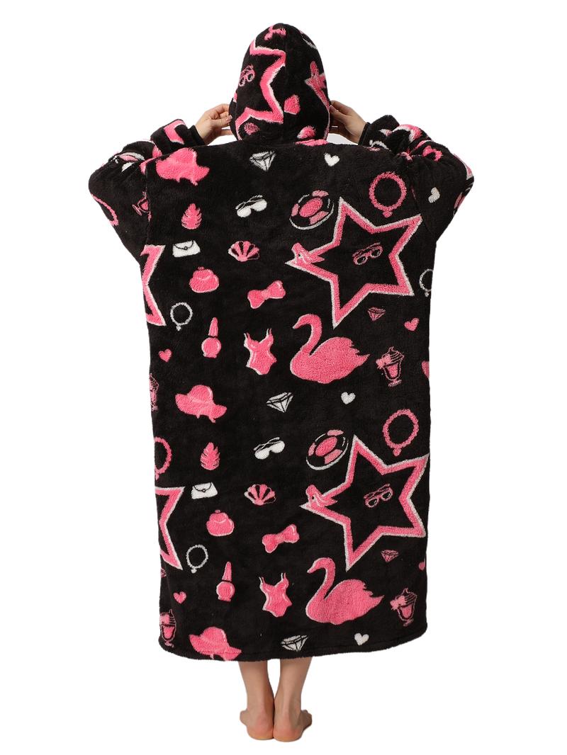 Cute Cartoon Pattern Hooded Blanket for Women Men, 1Pcs Oversized Wearable Hooded Nightwear Loungewear Womenswear Sweatshirt Pullover, Warm and Cozy, Valentine's Day Gift Large Pocket Pajamas