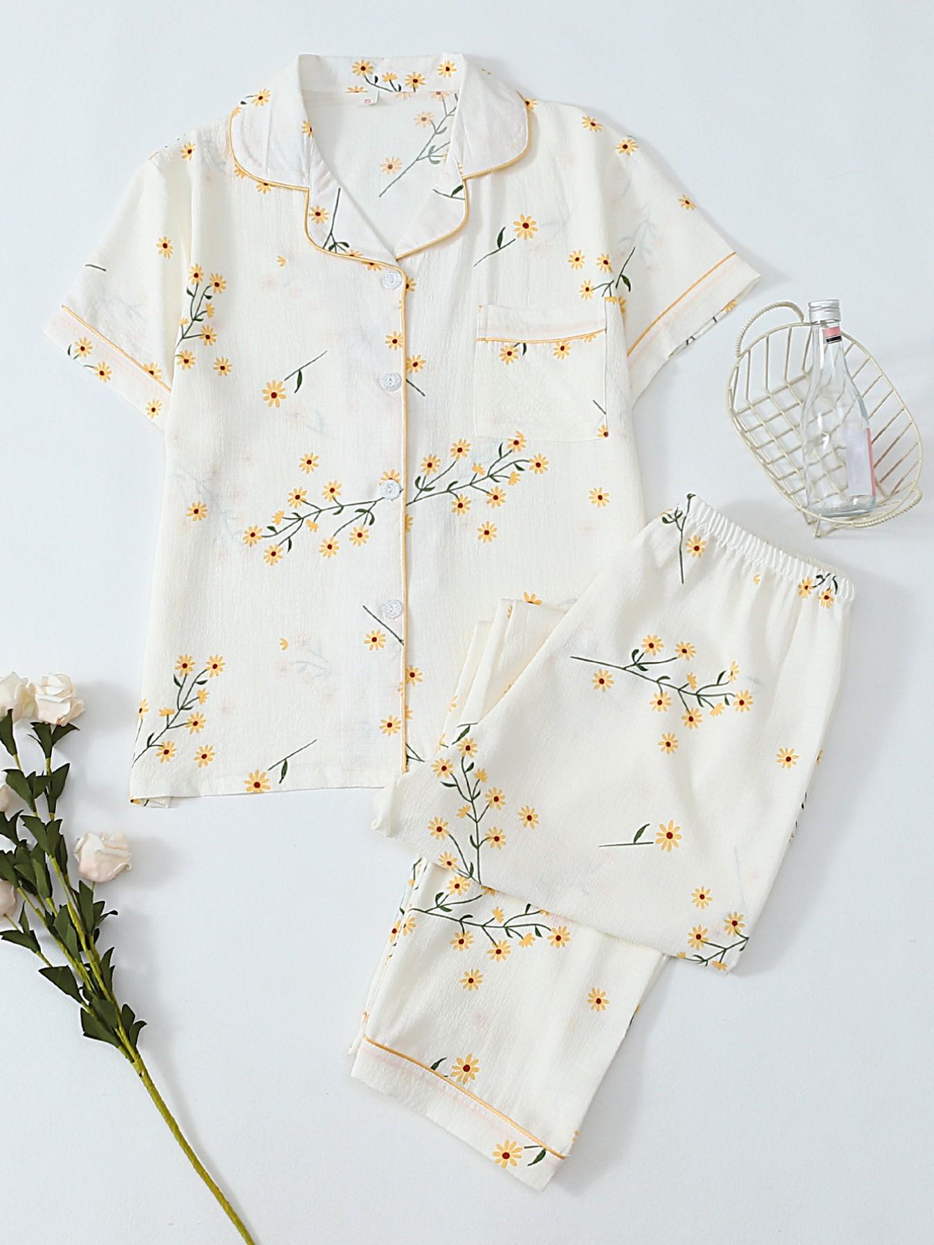 Women's Heart Print Short Sleeve Pajama, Casual Comfy Striped Print Lapel Neck Pocket Shirt & Pants PJ Set, Ladies Sleepwear for All Seasons, Loungewear