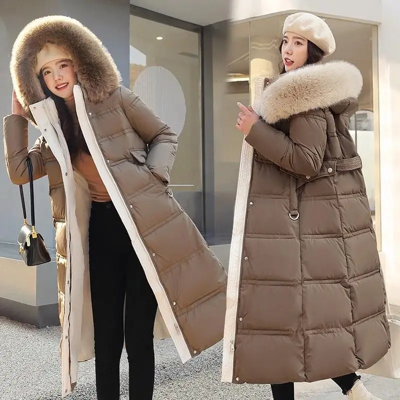 2025 Winter New Women's X-Long Down Cotton Parka Jacket with Faux Fur Collar Thick Padded Loose Fit Large Size