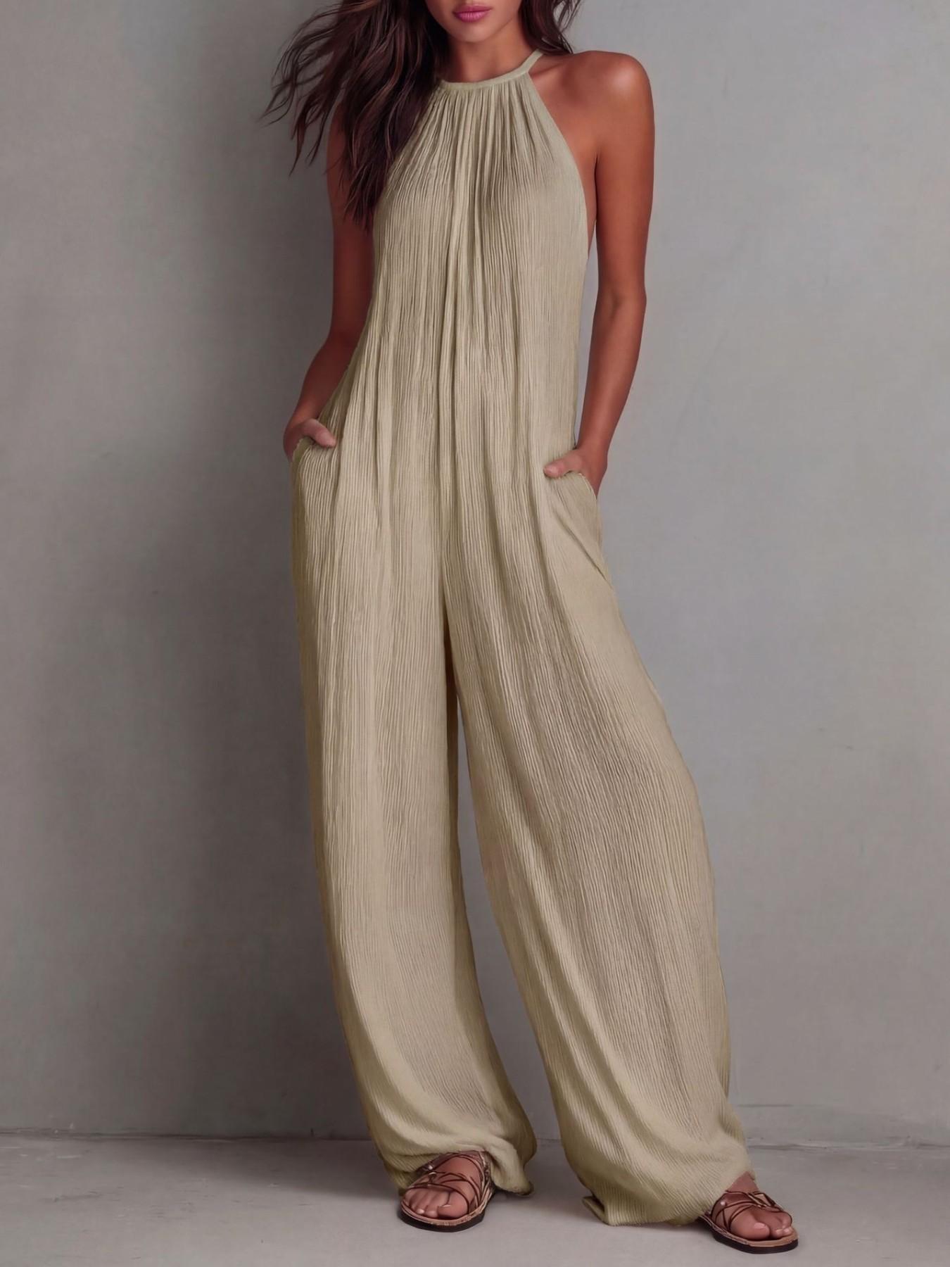2026 New Fashion Halter Neck Sleeveless Solid Color Ruched Back Wide Leg Romper Jumpsuit, High-End Resort Style Casual Loose Fit Long Pants, Suitable for Work and Daily Outing