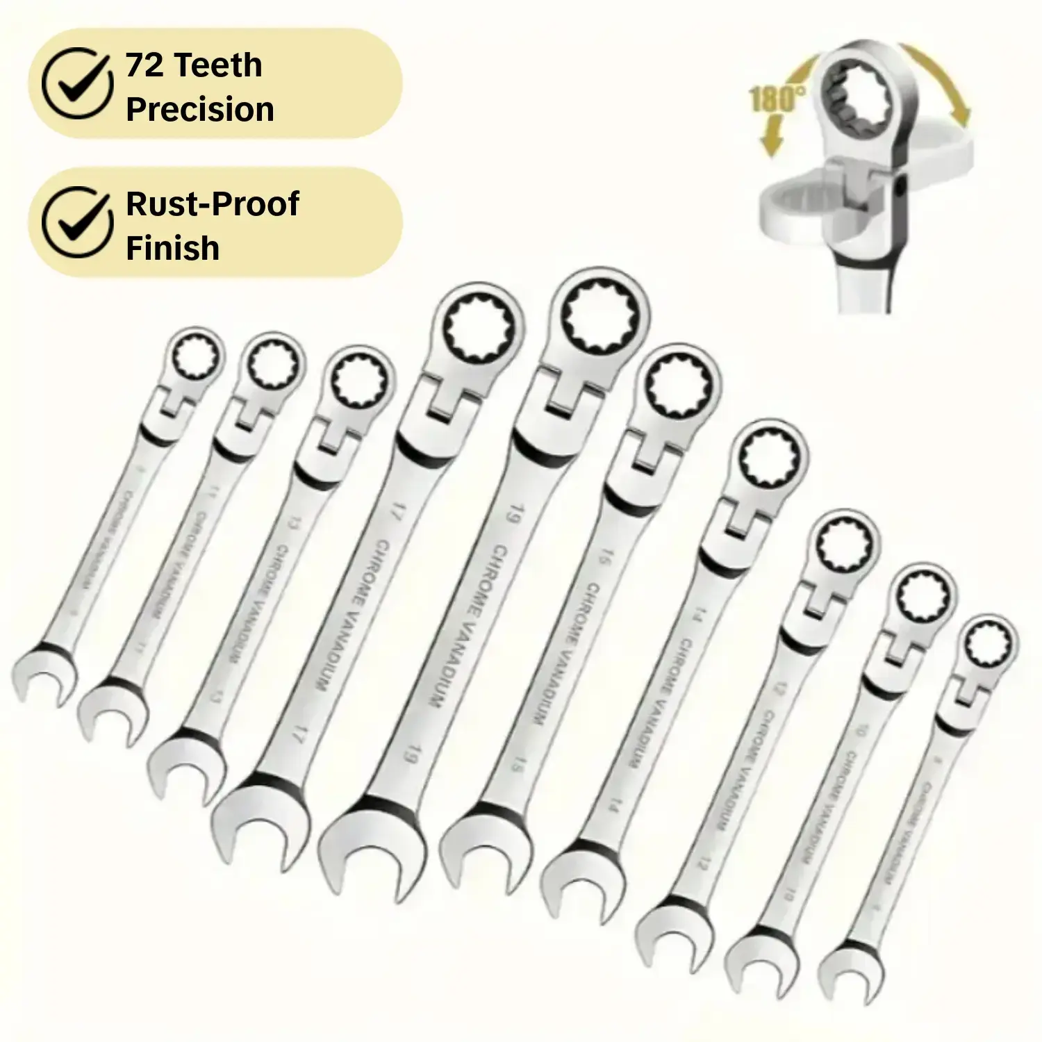 72-Tooth 5-Piece Flexible Head Ratchet Wrench Set, Heavy Duty Ratchets, 180° Head Design, Box & Open-End Wrenches, Silver Color, Compact Gear Wrenches, Combination Wrench Set, Multifunctional Wrench Set, Ratcheting Wrench Set