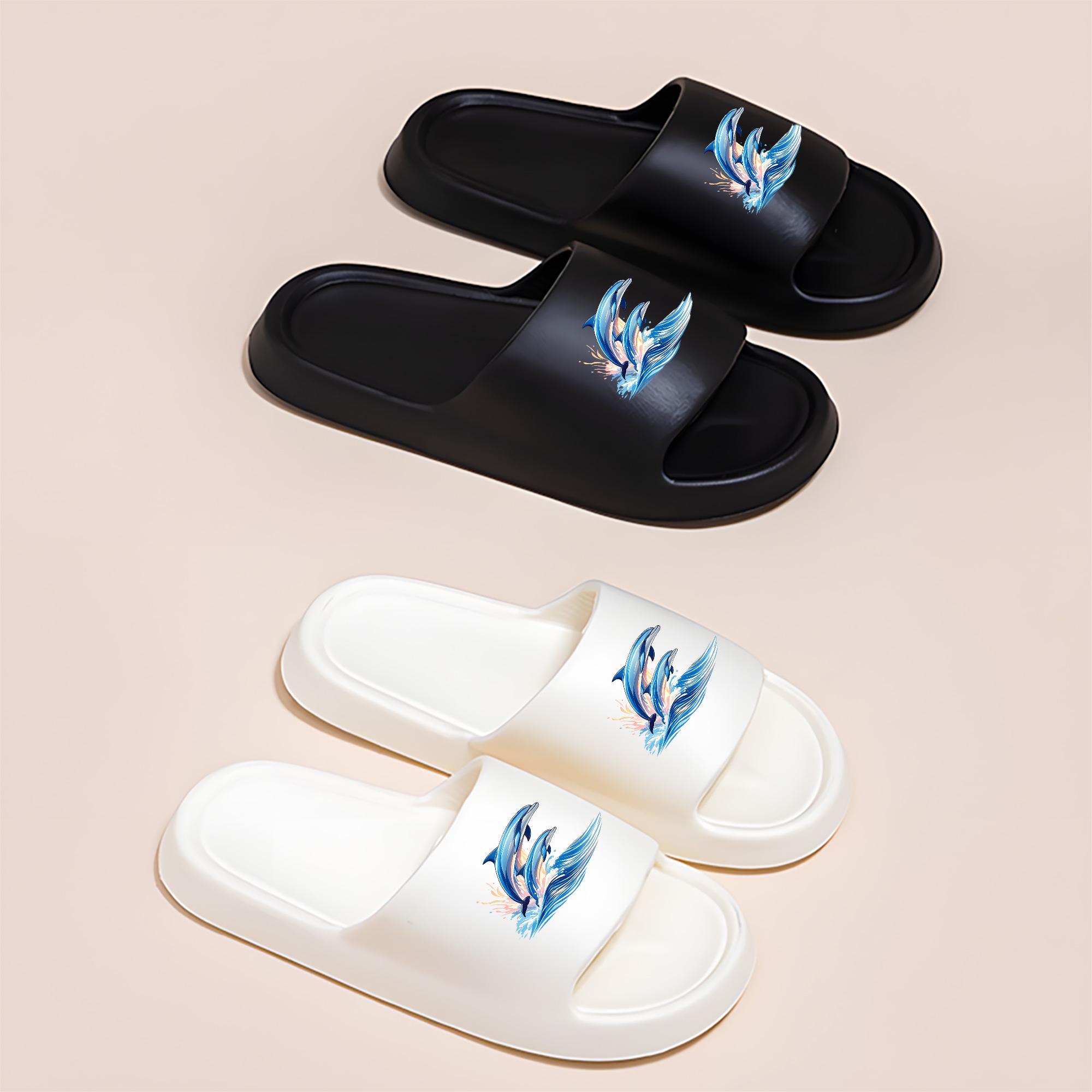 Dolphin Pattern Beach Slippers Women Men Summer Non-slip Soft Sole Quick-drying Lightweight Sandals Casual Outdoor Pool Shoes Flip Flops