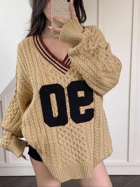 Plus Size Women's Knitted Sweater, Knitwear, Casual Loose-Fit V Neck Pullover, Long Sleeve Drop Shoulder Top for Fall & Winter