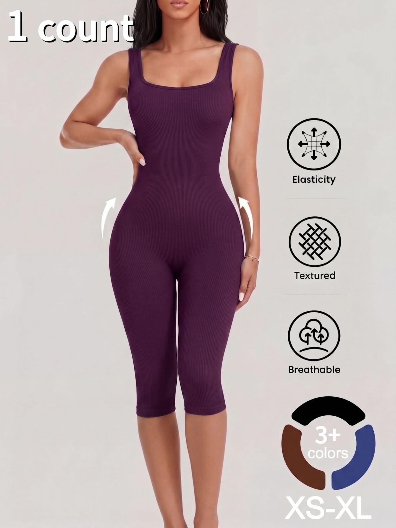 1/2PCS Women's Yoga Capri Jumpsuit Square Neck Backless Tummy Control Butt Lifting, Yoga Workout Jumpsuits Workout Shorts Romper Seamless Ribbed Sleeveless Unitard Fitness Gym for Gym Sports