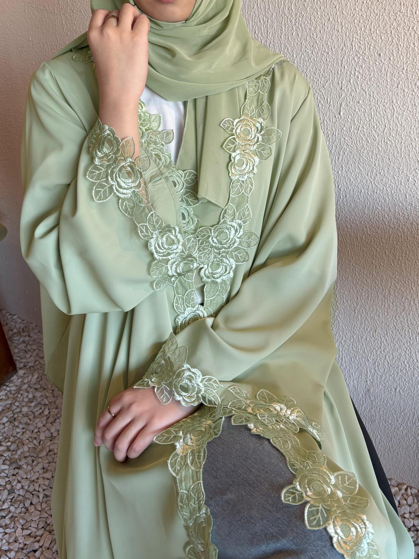Elegant Floral with Headscarf, Comfortable Open Front Long Robe, Abaya Hijab Set, Perfect for Parties, Vacations, Ramadan, and Festivals