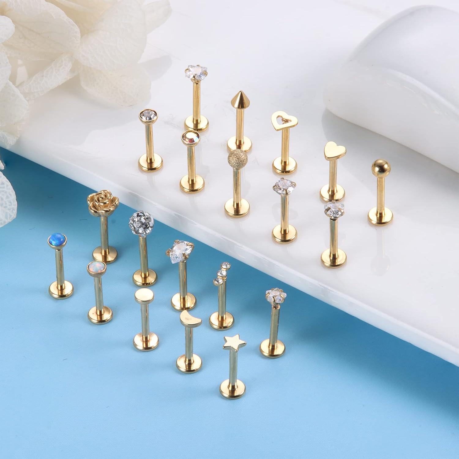 Fansilver 16G Threadless Push-in Lip Ring - Stainless Steel Tragus Helix Earrings Studs Nose Ring for Women Men - Labret Jewelry Monroe CZ Medusa Cartilage Piercing 8mm