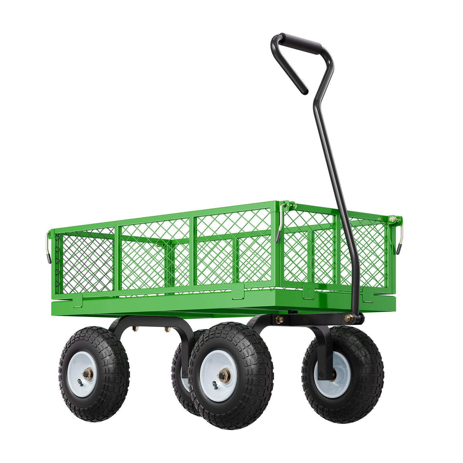 VEVOR 900 Lbs Steel Frame Outdoor Metal Utility Cart, Heavy-Duty Pullable Wagon with 10-Inch Tires, Removable Mesh Sides, Mesh Floor, Convertible Flatbed & 180-Degree Adjustable Handle for Garden Yard Use, 10 Tires, Removable Sides