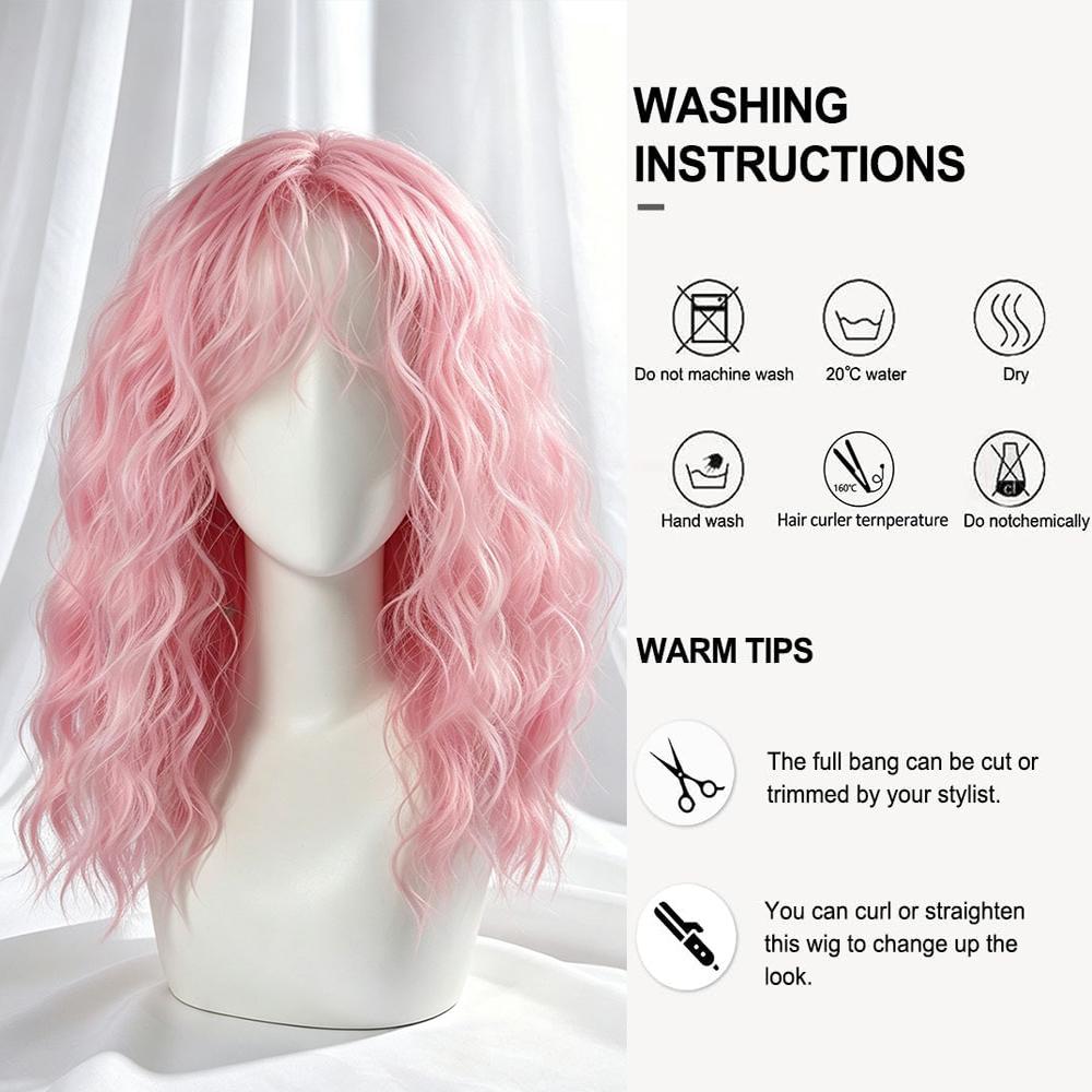 Medium-Length Wavy Women's Wig with Bangs, Loose Wave Wigs, Synthetic Fiber Rose Net Comfortable Breathable Wig, Ideal for Halloween, Holidays, Daily Use