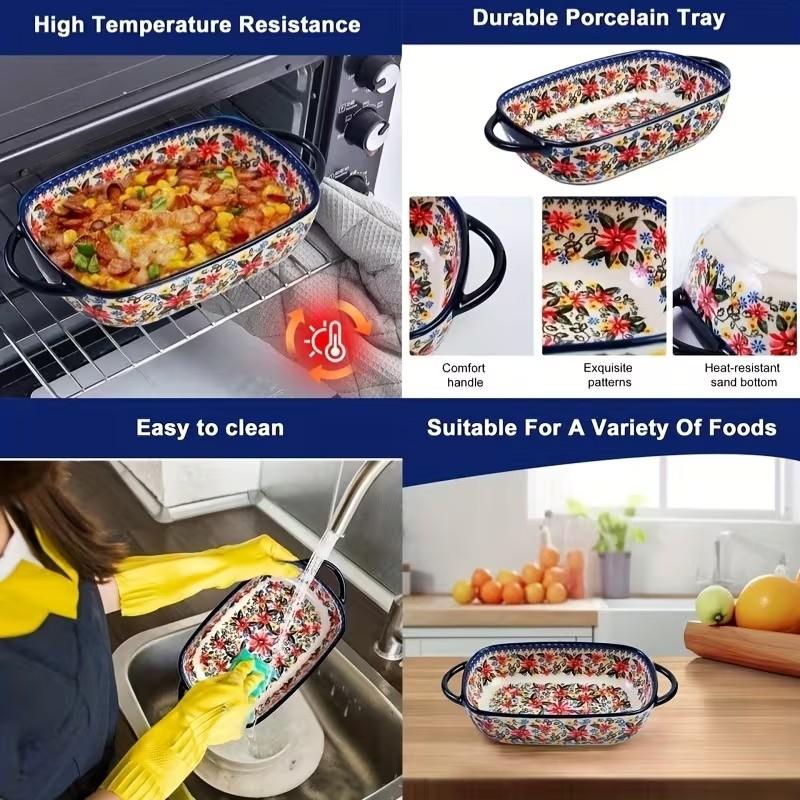 730ML Floral Ceramic Baking Dish, Rectangular Serving Dish with Handles, Ideal for Rice, Salad & Cheese, Elegant Kitchen Essential