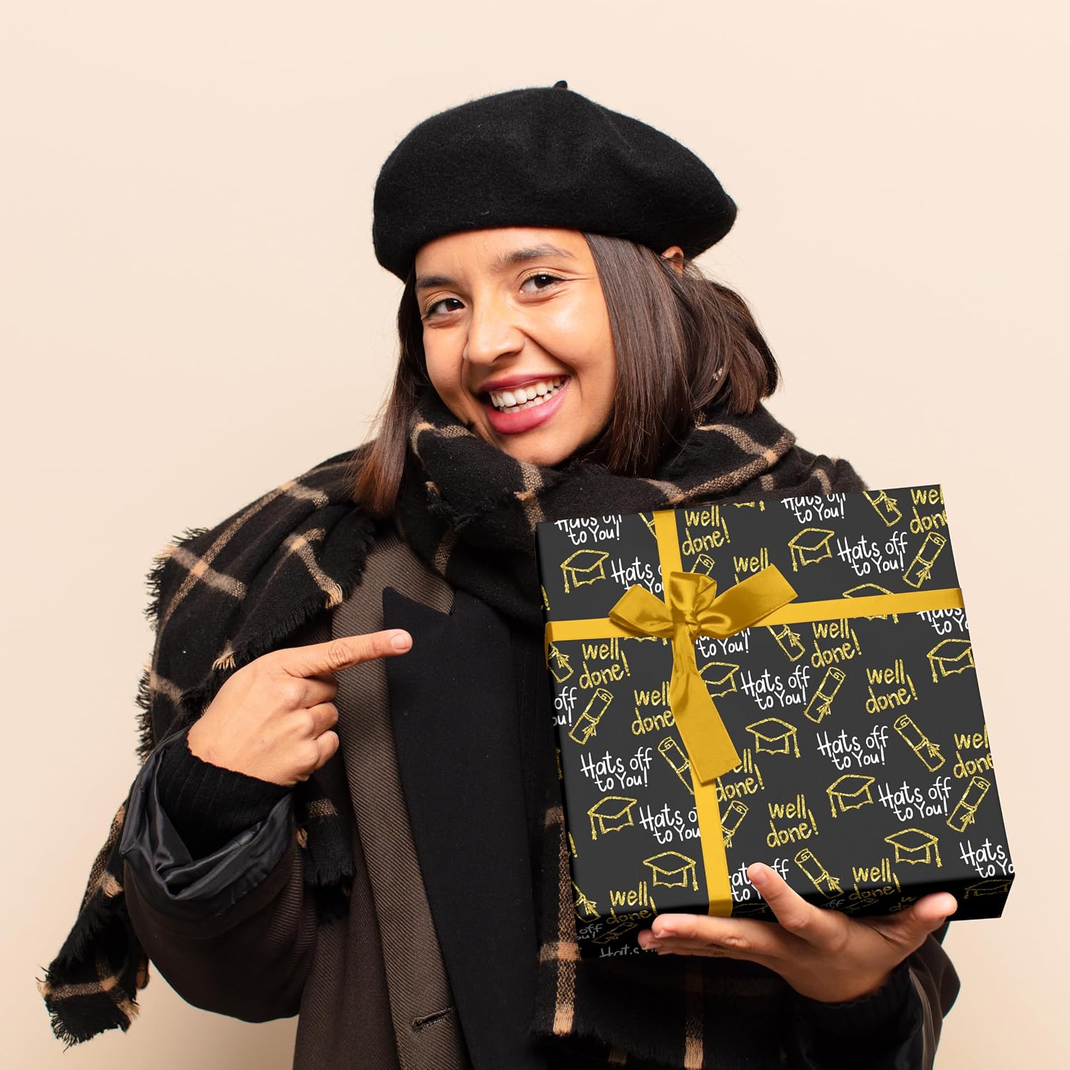 Reversible Graduation Wrapping Paper Set Rolls Black  Trencher Cap and Wavy Stripes  Wrap Sheets for Party Celebration Annusarily  to School  28.5sq.ft