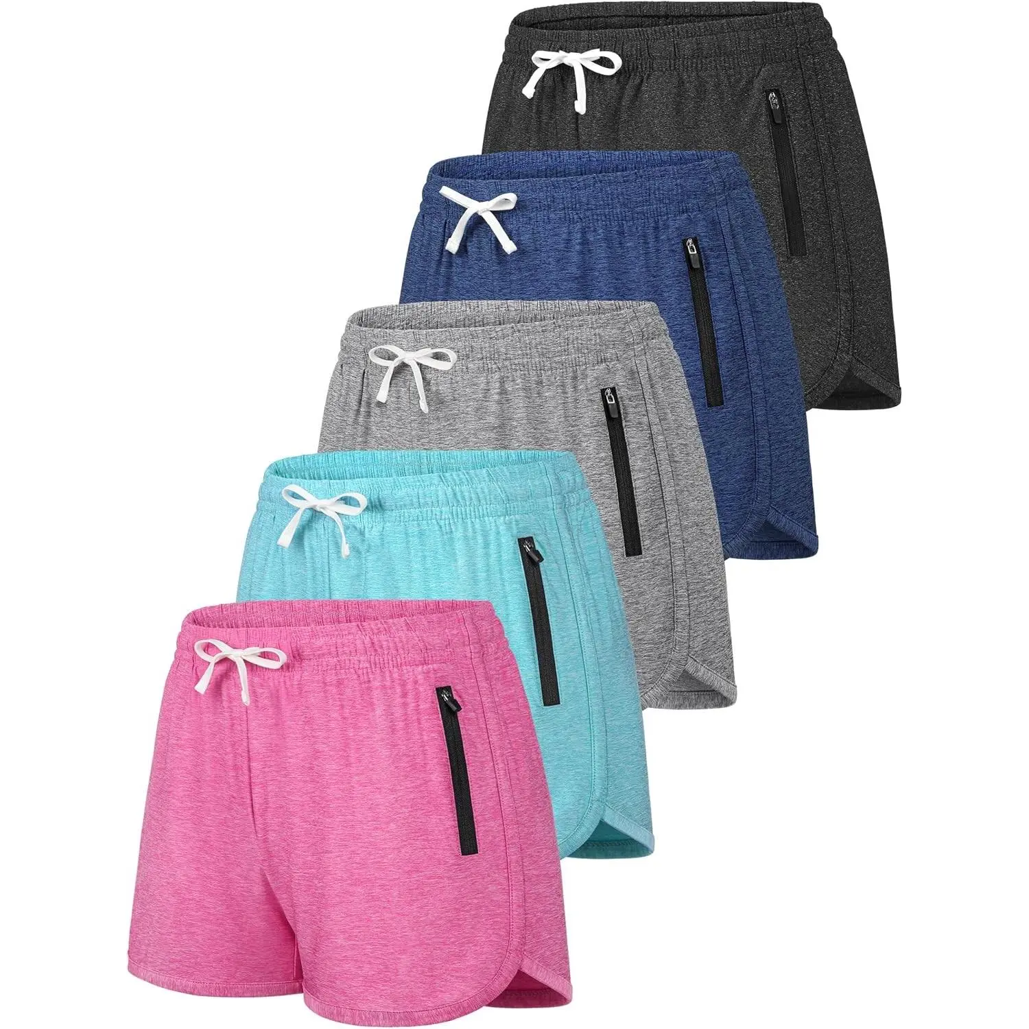 5 Pack Girls Athletic Basketball Shorts with Lock-Zip Pockets, Advanced Design Upgrade, Exclusive Locking Zipper Stays Firmly Closed During Any Sport, Phones and Keys Never Fall Out(Gift)