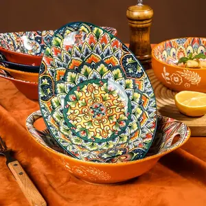 Bohemian Style Ceramic Salad Bowls with Handles, Microwave Safe & Dishwasher Friendly, Stackable Oval Bowls for Fruits & More