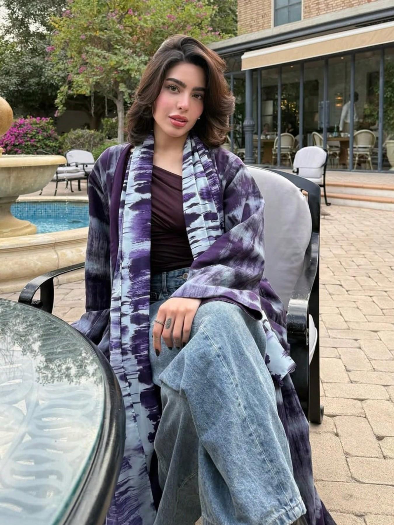 Hafizah Tie-Dye Colorblock Long Cardigan Matching Scarf Set, Loose-Fitting Oversized All-Over Print Outerwear, Casual Women's Fashion for All Seasons