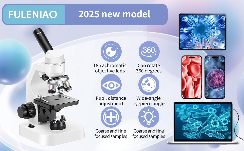 Professional composite microscope suitable for adults, children aged 8-12, and students | 2000x magnification laboratory and home microscope, with phone adapter, complete set of slides (black and white)