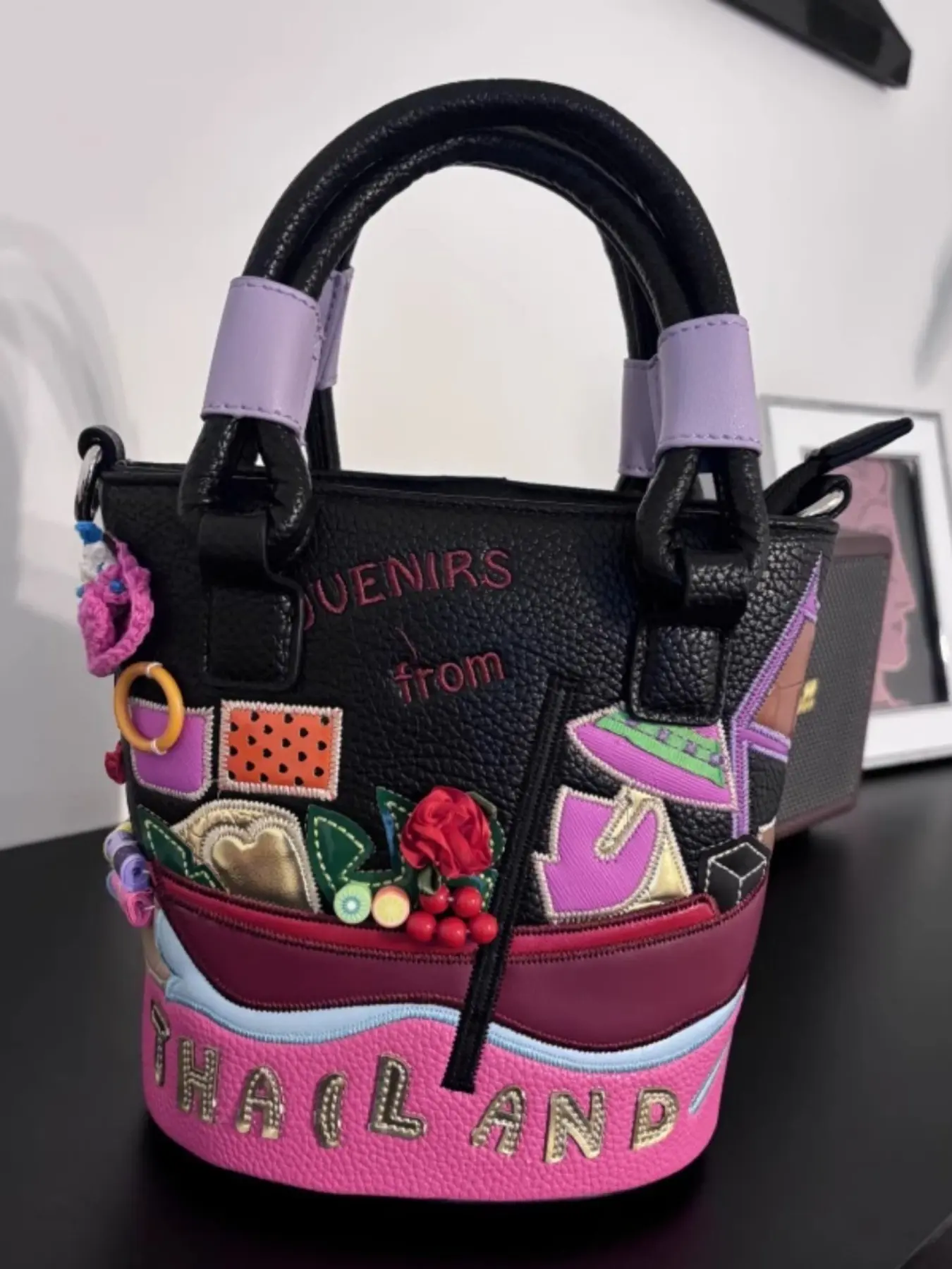 Thailand Vacation Style Mini Bucket Handbag, 3D Applique Patchwork Embroidery, Detachable Crossbody Strap, Novelty Souvenir Shoulder Purse for Women, Bohemian Casual Purse