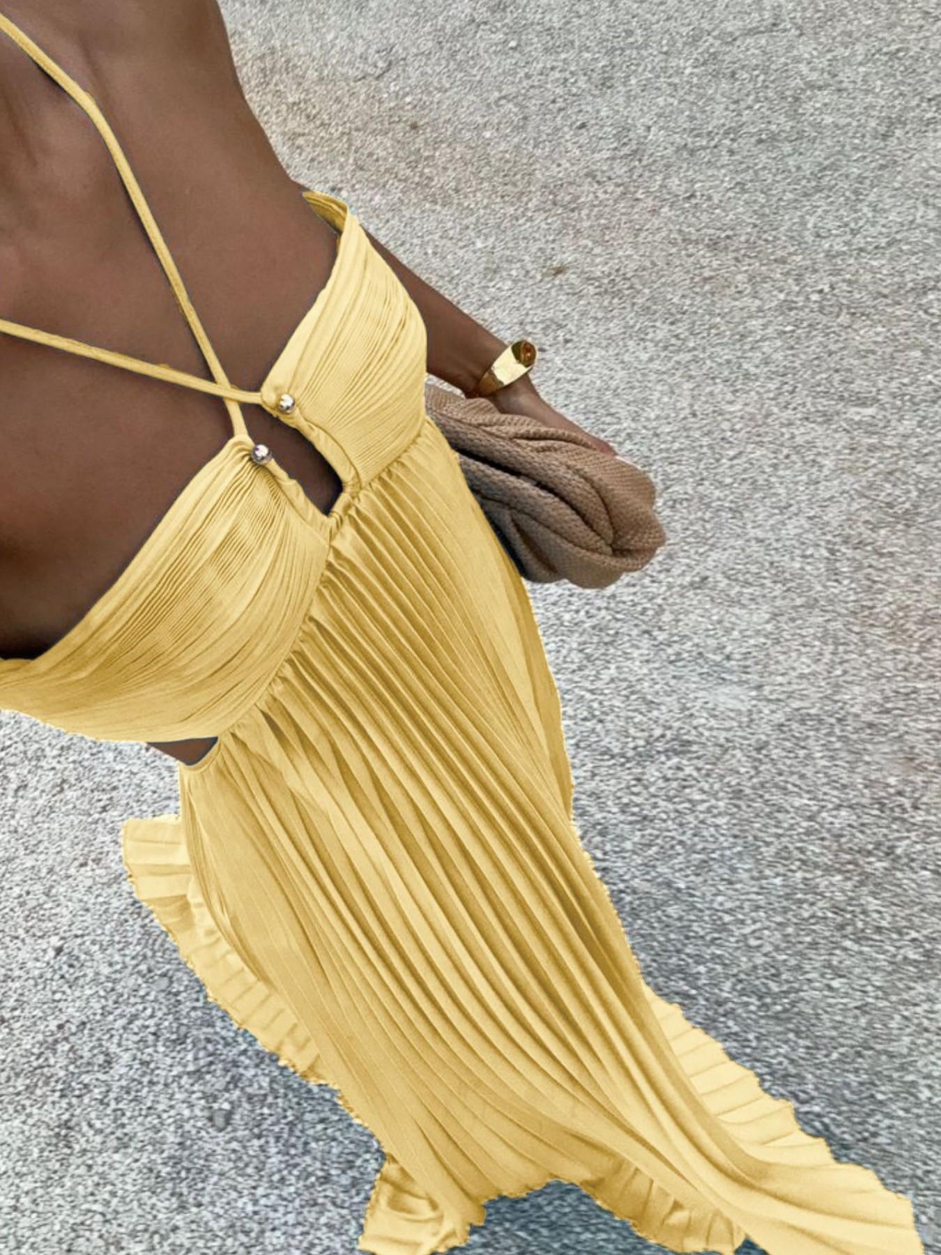 Women's Pleated Halter Neck Sleeveless Maxi Dress with Adjustable Strap, High-Waist Backless A-Line Dress with Back Tie, Elegant Aesthetic Solid Summer Dress