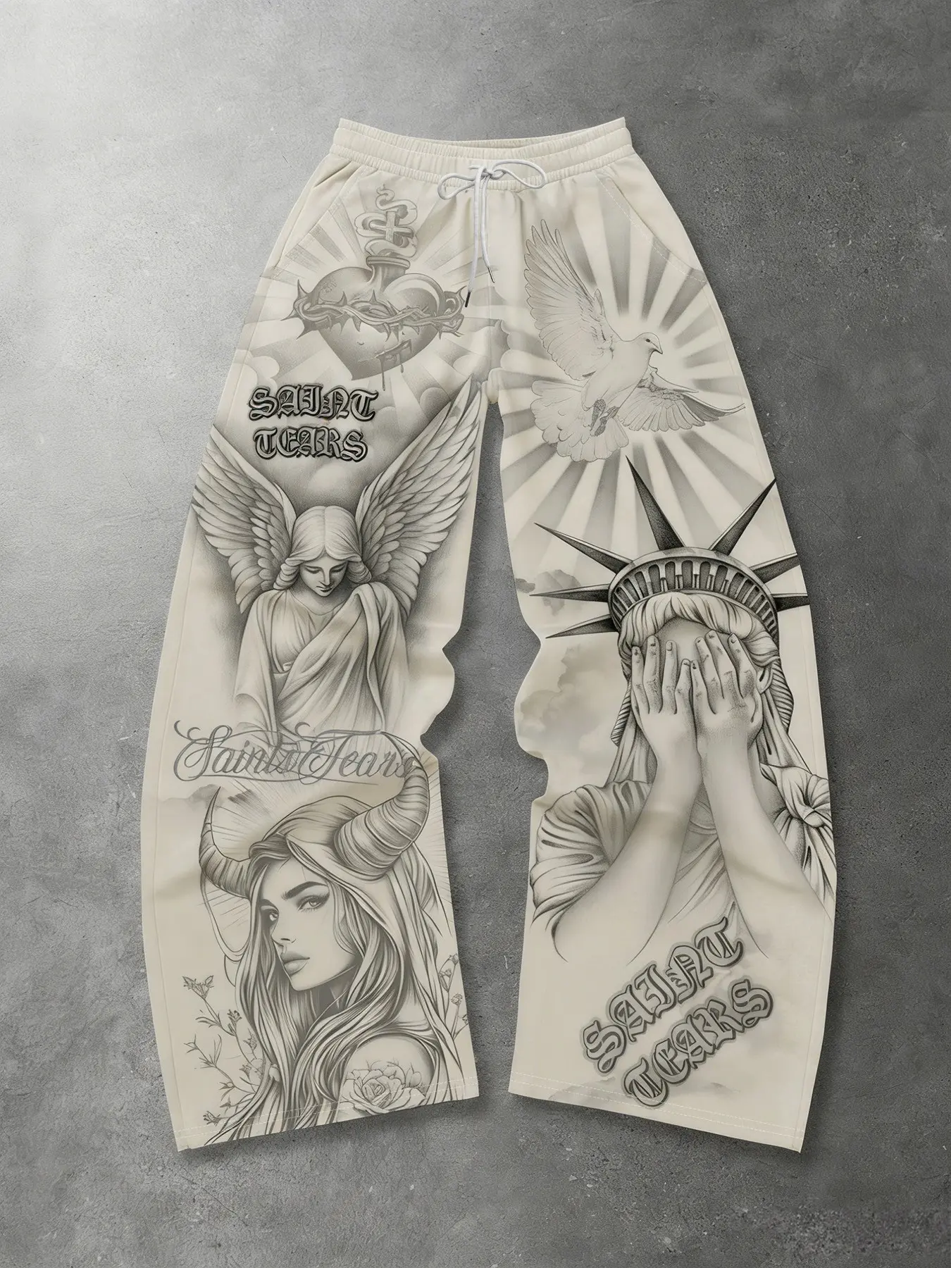Unisex Y2K Vintage Tattoo Graphic Baggy Track Pants Monochrome Sketch Angel Demon Lady Sacred Heart Dove Print Saint Tears Script Loose Wide Leg Drawstring Sweatpants Teen School Travel Alt Streetwear Bottoms